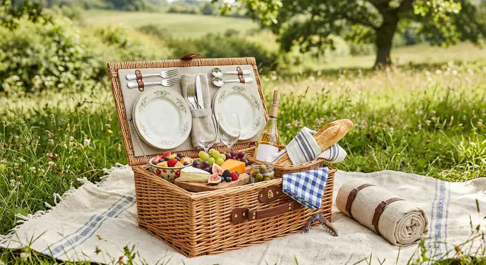 Cesto da picnic in vimini completamente attrezzato