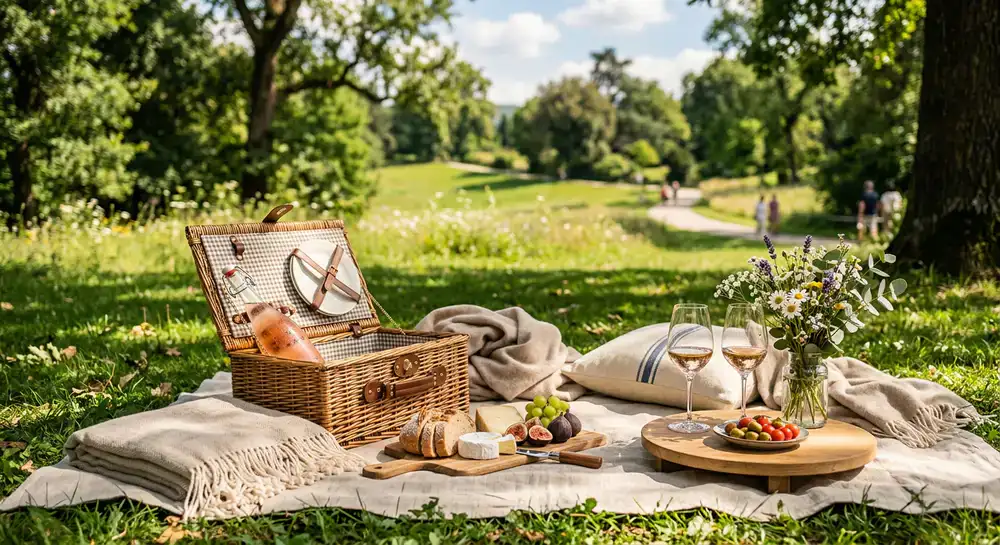 Dettaglio di un allestimento picnic premium in un parco soleggiato