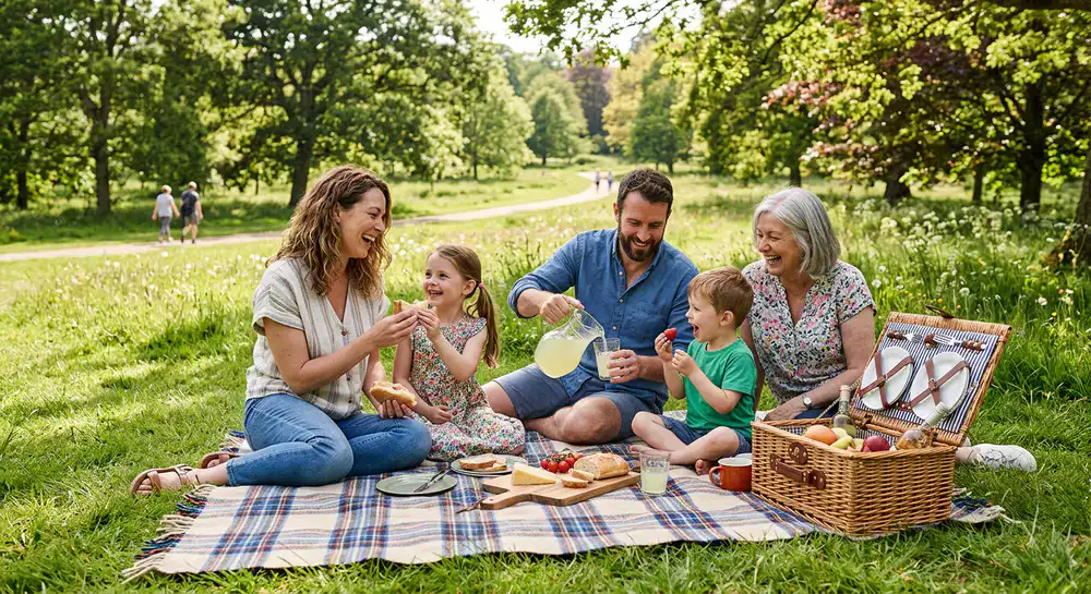 Famiglia che si gode un picnic in un parco con cesto e coperta premium