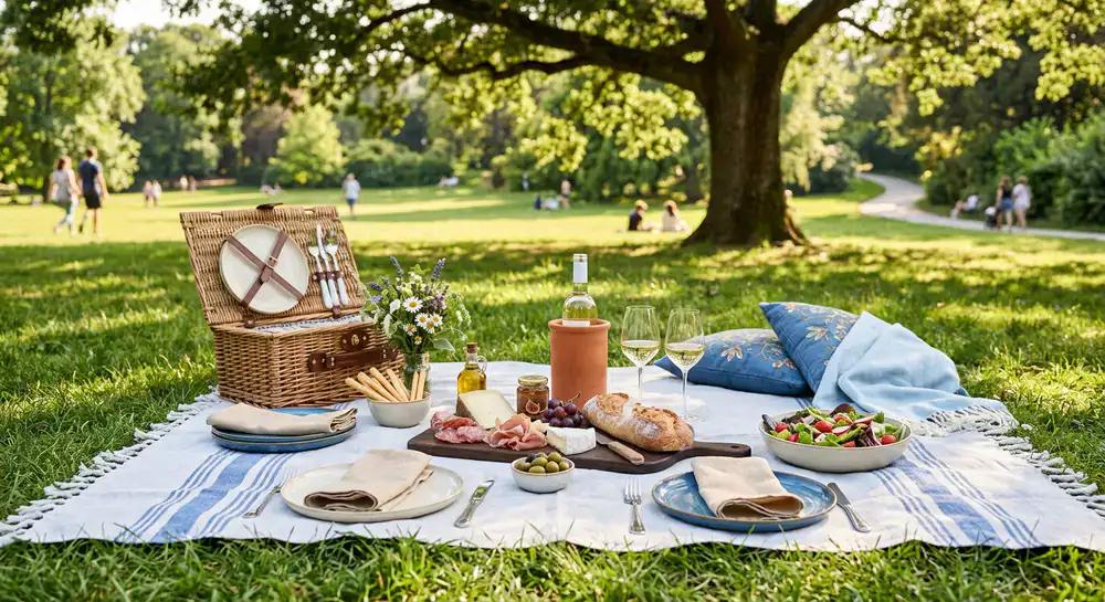 Set da picnic premium in un parco soleggiato con coperte e stoviglie