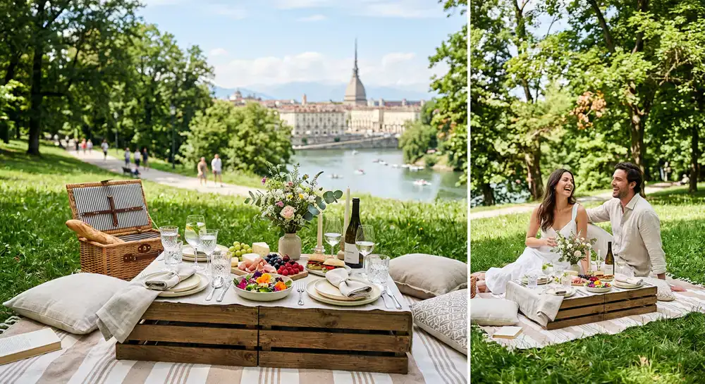 Allestimento picnic elegante in un parco di Torino