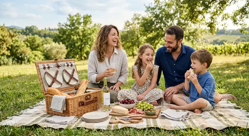 Famiglia che gode di un picnic su una morbida coperta con cesto di alta qualità