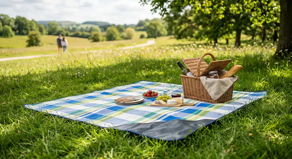 Coperta da picnic stesa sull'erba con fondo impermeabile